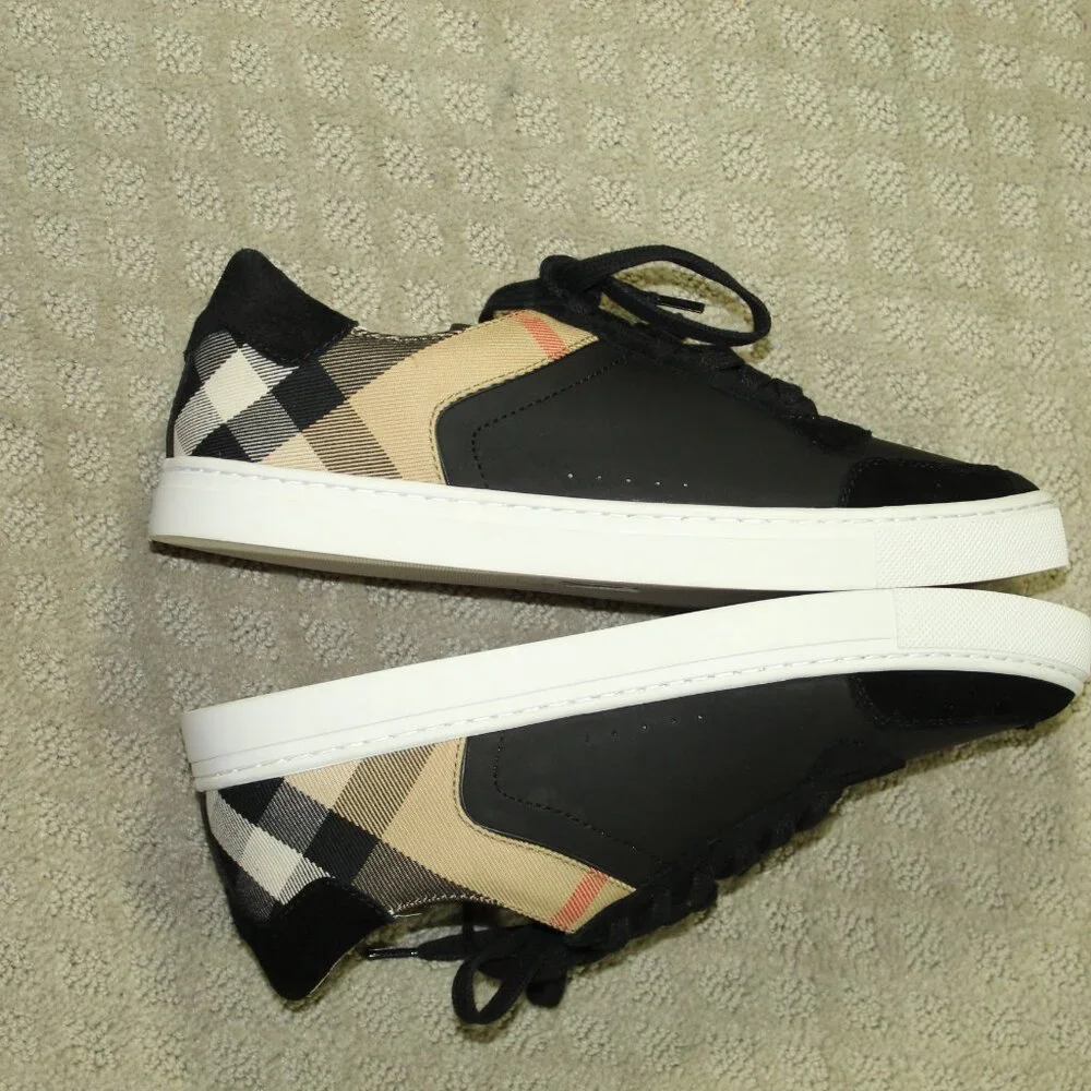 New BURBERRY Reeth Unisex Black Leather, Suede, Check Sneakers Women's 9.5
